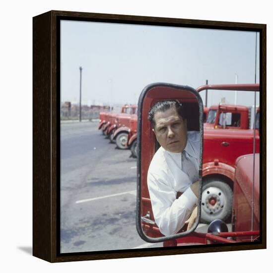 Union President Jimmy Hoffa's Image Reflected in Rear View Mirror in Red Truck-Hank Walker-Framed Premier Image Canvas