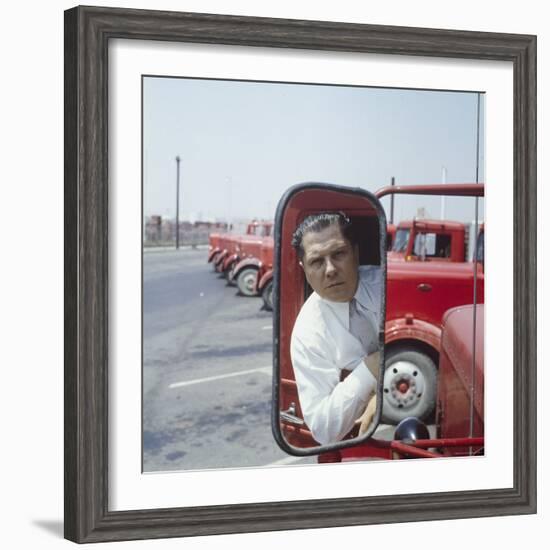 Union President Jimmy Hoffa's Image Reflected in Rear View Mirror in Red Truck-Hank Walker-Framed Premium Photographic Print