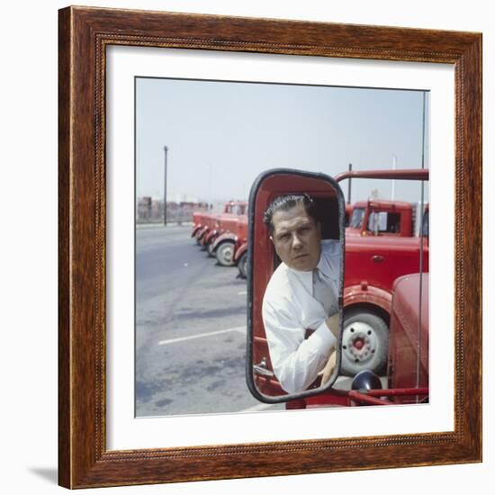 Union President Jimmy Hoffa's Image Reflected in Rear View Mirror in Red Truck-Hank Walker-Framed Premium Photographic Print