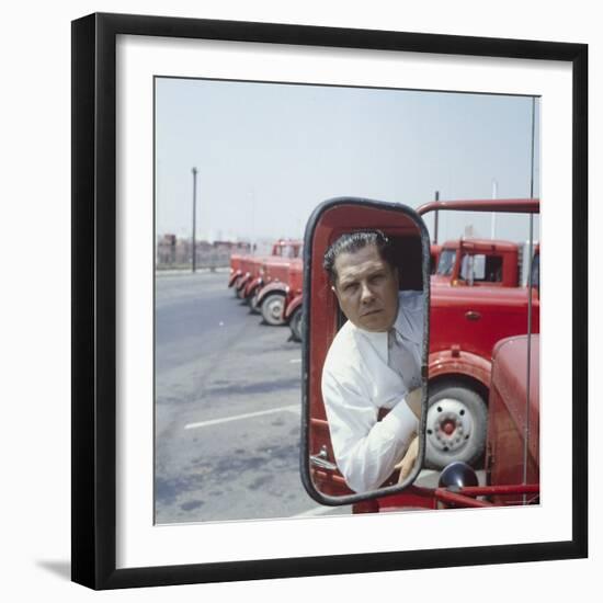 Union President Jimmy Hoffa's Image Reflected in Rear View Mirror in Red Truck-Hank Walker-Framed Premium Photographic Print