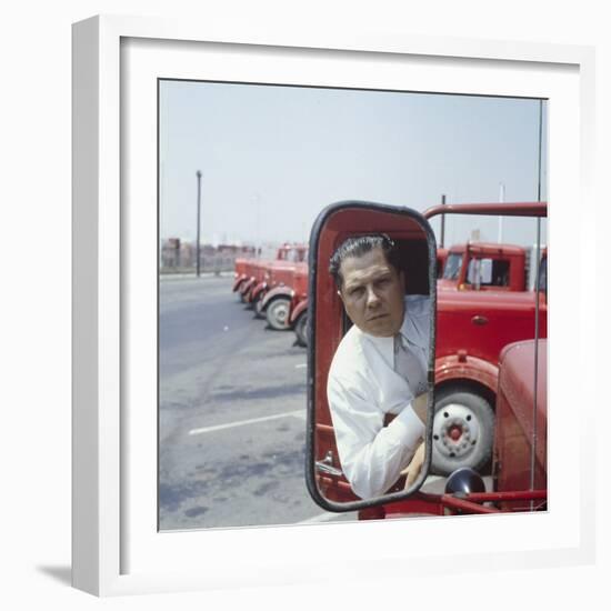 Union President Jimmy Hoffa's Image Reflected in Rear View Mirror in Red Truck-Hank Walker-Framed Premium Photographic Print