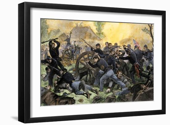 Union Troops under General Ulysses S. Grant Recapturing Artillery during the Battle of Shiloh-null-Framed Giclee Print