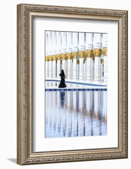 United Arab Emirates, Abu Dhabi. Arabic Woman Walking Inside Sheikh Zayed Grand Mosque-Matteo Colombo-Framed Photographic Print