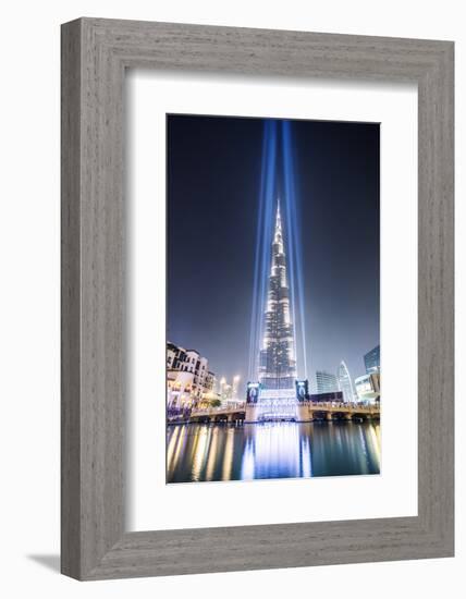 United Arab Emirates, Dubai. Burj Khalifa at Dusk, with Light Show-Matteo Colombo-Framed Photographic Print