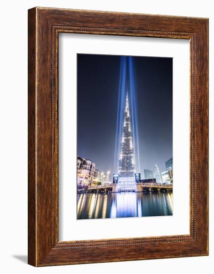 United Arab Emirates, Dubai. Burj Khalifa at Dusk, with Light Show-Matteo Colombo-Framed Photographic Print