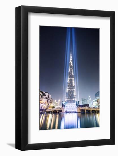 United Arab Emirates, Dubai. Burj Khalifa at Dusk, with Light Show-Matteo Colombo-Framed Photographic Print