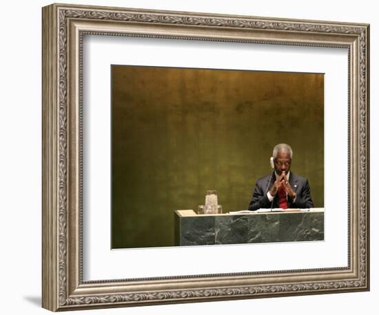 United Nations Secretary General Kofi Annan Listens to Statements Made by Members-Julie Jacobson-Framed Photographic Print