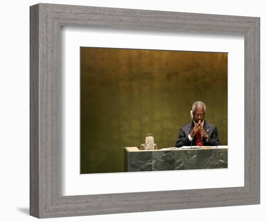 United Nations Secretary General Kofi Annan Listens to Statements Made by Members-Julie Jacobson-Framed Photographic Print