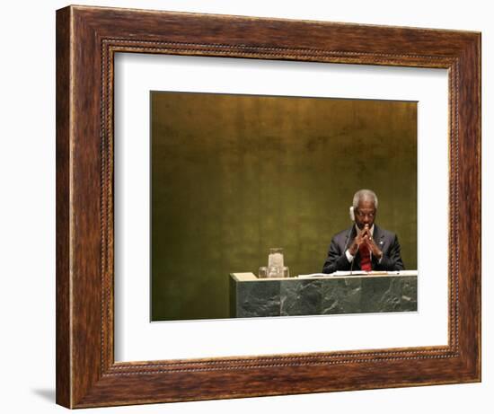 United Nations Secretary General Kofi Annan Listens to Statements Made by Members-Julie Jacobson-Framed Photographic Print