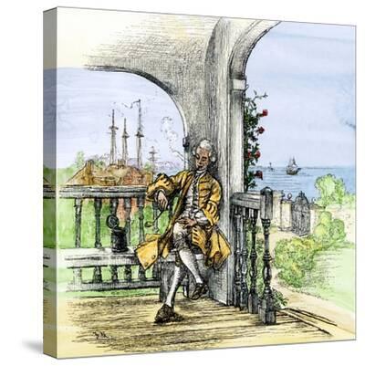 United States, Maryland: Colonial Gentleman Smoking a Pipe with Maryland  Tobacco. Colour Engraving Giclee Print