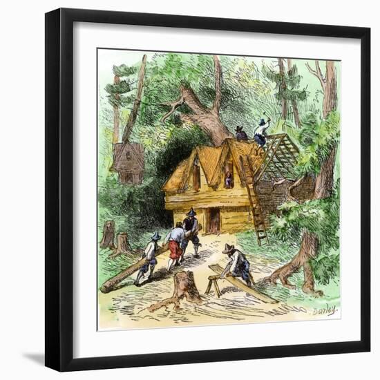 United States, Massachusetts: Pelerins Building their House in Plymouth, Massachusetts, Years 1620.-null-Framed Giclee Print
