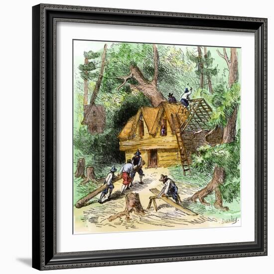 United States, Massachusetts: Pelerins Building their House in Plymouth, Massachusetts, Years 1620.-null-Framed Giclee Print
