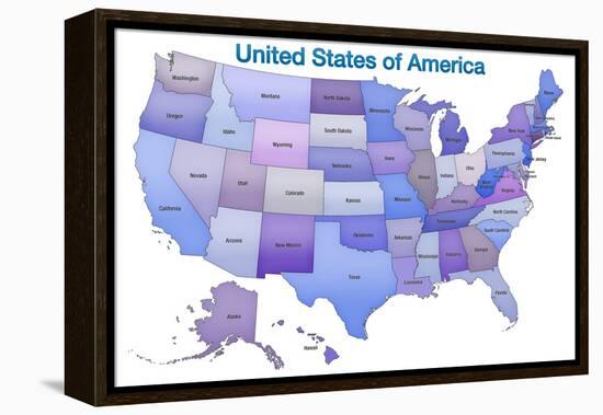 United States of America Map USA Blue Tonal Art Poster Print-null-Framed Stretched Canvas