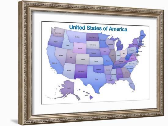 United States of America Map USA Blue Tonal Art Poster Print-null-Framed Art Print