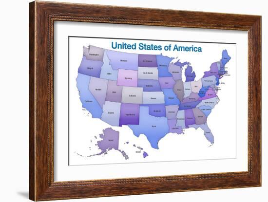 United States of America Map USA Blue Tonal Art Poster Print-null-Framed Art Print