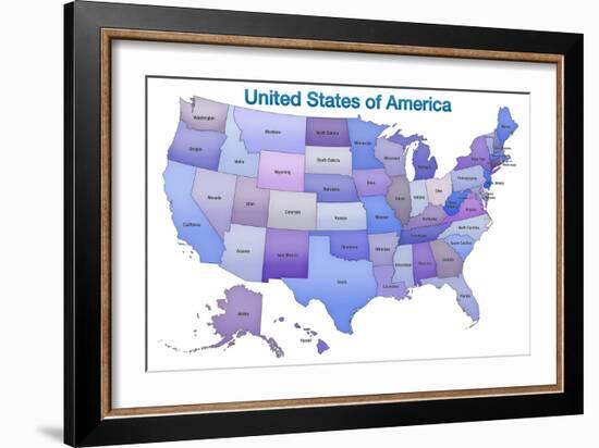 United States of America Map USA Blue Tonal Art Poster Print-null-Framed Art Print