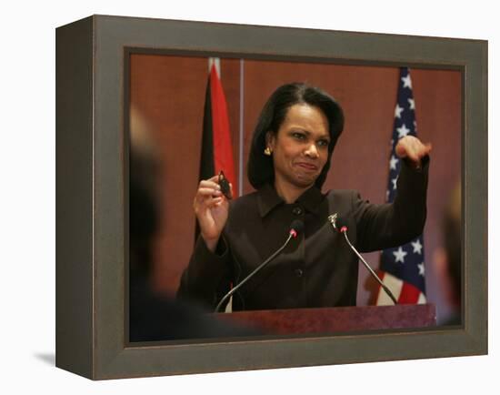 United States Secretary of State Condoleezza Rice Gestures at a News Conference-null-Framed Premier Image Canvas