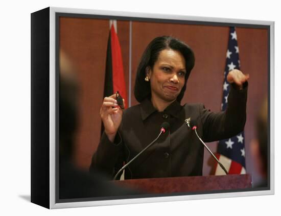 United States Secretary of State Condoleezza Rice Gestures at a News Conference-null-Framed Premier Image Canvas