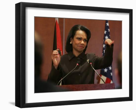 United States Secretary of State Condoleezza Rice Gestures at a News Conference-null-Framed Photographic Print