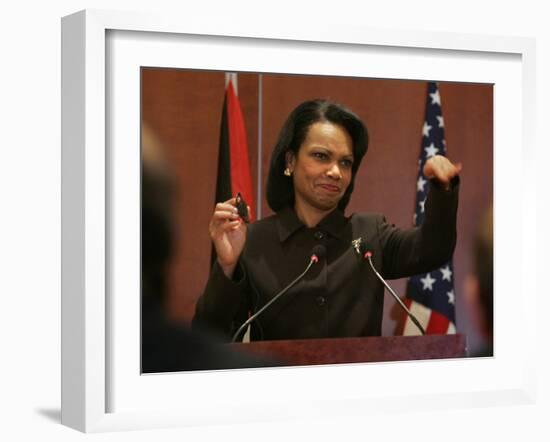 United States Secretary of State Condoleezza Rice Gestures at a News Conference-null-Framed Photographic Print