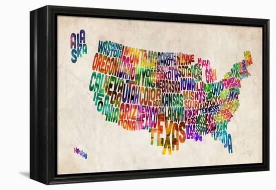 United States Text Map-Michael Tompsett-Framed Stretched Canvas