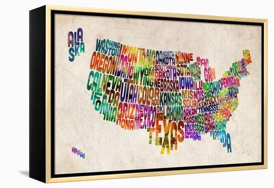 United States Text Map-Michael Tompsett-Framed Stretched Canvas