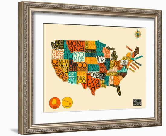 United States Typographic Map-Blue Jazzberry-Framed Art Print