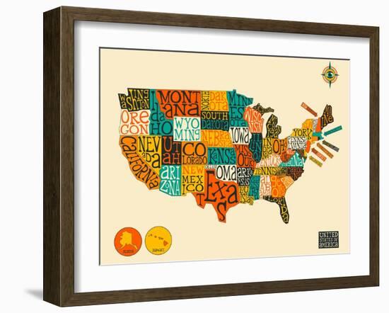 United States Typographic Map-Blue Jazzberry-Framed Art Print