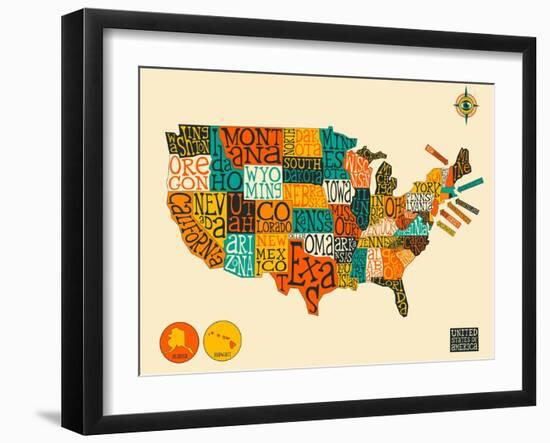 United States Typographic Map-Blue Jazzberry-Framed Art Print