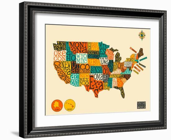 United States Typographic Map-Blue Jazzberry-Framed Art Print