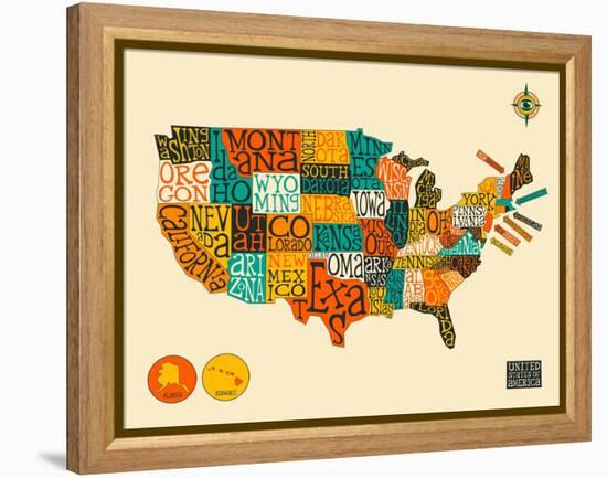 United States Typographic Map-Jazzberry Blue-Framed Stretched Canvas