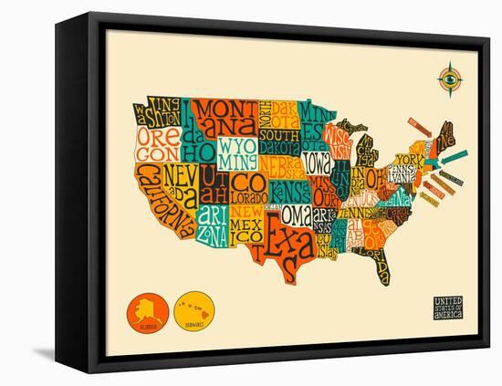 United States Typographic Map-Jazzberry Blue-Framed Stretched Canvas