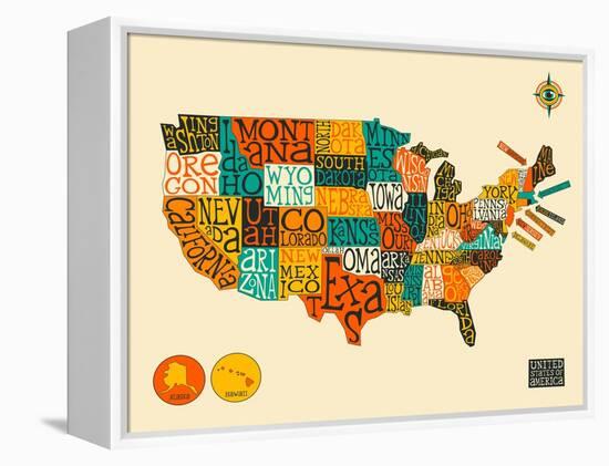 United States Typographic Map-Jazzberry Blue-Framed Stretched Canvas