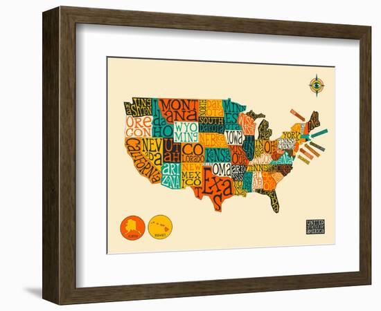 United States Typographic Map-Jazzberry Blue-Framed Premium Giclee Print