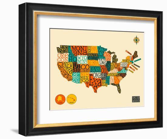 United States Typographic Map-Jazzberry Blue-Framed Premium Giclee Print
