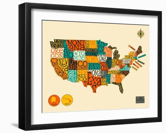 United States Typographic Map-Jazzberry Blue-Framed Art Print