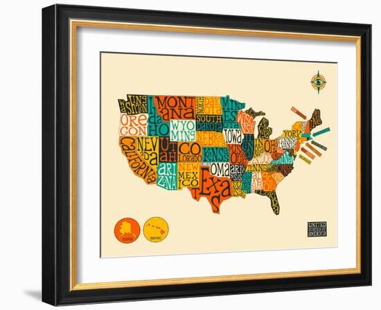 United States Typographic Map-Jazzberry Blue-Framed Art Print