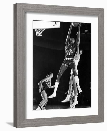 University of Kansas Basketball Star Wilt Chamberlain Playing in a Game-George Silk-Framed Premium Photographic Print