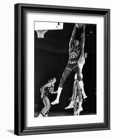 University of Kansas Basketball Star Wilt Chamberlain Playing in a Game-George Silk-Framed Premium Photographic Print