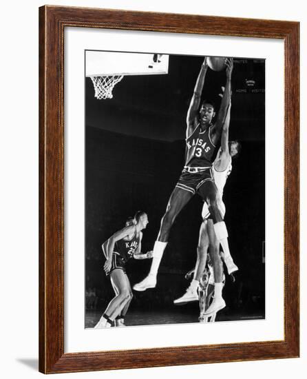 University of Kansas Basketball Star Wilt Chamberlain Playing in a Game-George Silk-Framed Premium Photographic Print