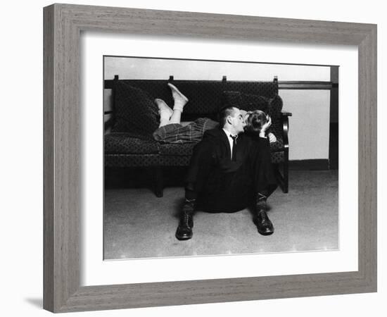 University of Michigan Student Couple Engaged in an Impromptu Kiss in the Union Building on Campus-Grey Villet-Framed Photographic Print