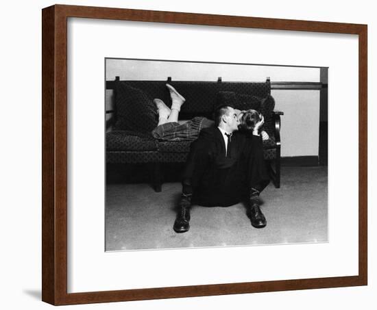 University of Michigan Student Couple Engaged in an Impromptu Kiss in the Union Building on Campus-Grey Villet-Framed Photographic Print