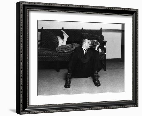 University of Michigan Student Couple Engaged in an Impromptu Kiss in the Union Building on Campus-Grey Villet-Framed Photographic Print