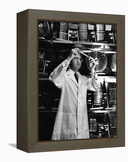 University of Pittsburgh Dr. Jonas Salk Examine Test Tube of Polio Virus Used to make Polio Vaccine-Alfred Eisenstaedt-Framed Premier Image Canvas