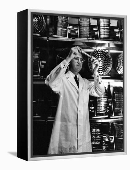 University of Pittsburgh Dr. Jonas Salk Examine Test Tube of Polio Virus Used to make Polio Vaccine-Alfred Eisenstaedt-Framed Premier Image Canvas