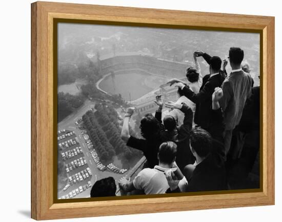 University of Pittsburgh Students Cheering Wildly from Atop Cathedral of Learning, School's Campus-George Silk-Framed Premier Image Canvas