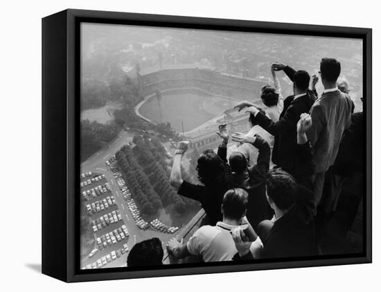 University of Pittsburgh Students Cheering Wildly from Atop Cathedral of Learning, School's Campus-George Silk-Framed Premier Image Canvas