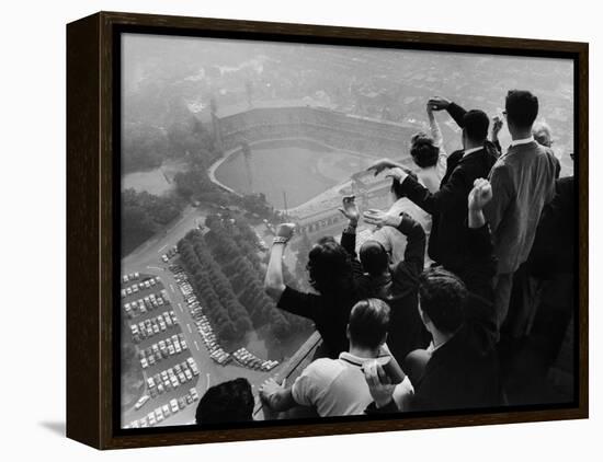 University of Pittsburgh Students Cheering Wildly from Atop Cathedral of Learning, School's Campus-George Silk-Framed Premier Image Canvas