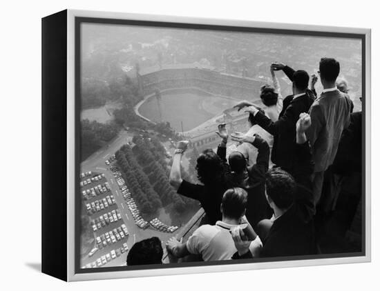 University of Pittsburgh Students Cheering Wildly from Atop Cathedral of Learning, School's Campus-George Silk-Framed Premier Image Canvas