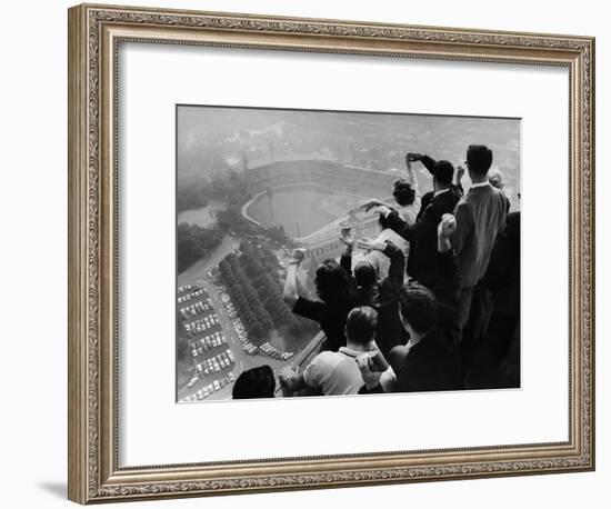University of Pittsburgh Students Cheering Wildly from Atop Cathedral of Learning, School's Campus-George Silk-Framed Premium Photographic Print